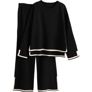 Women's 2 Piece Long Sleeve Knit Sweater Top Wide Leg Pants Lounge Sets-Black
